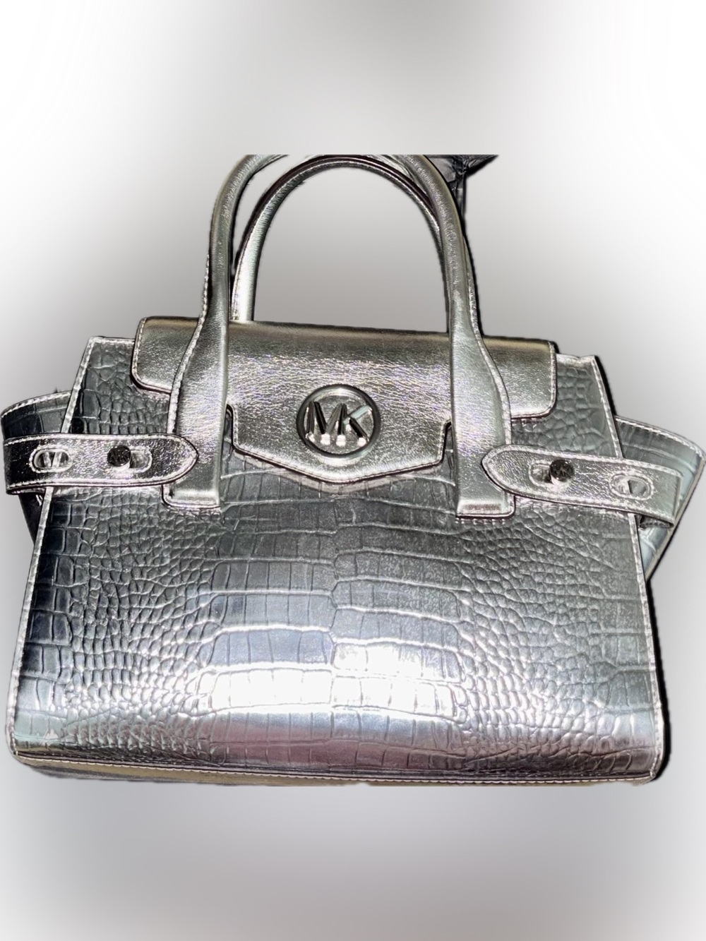 Michael Kors Metallic Silver Croc-Embossed Satchel 8x11 - Picture 3 of 13